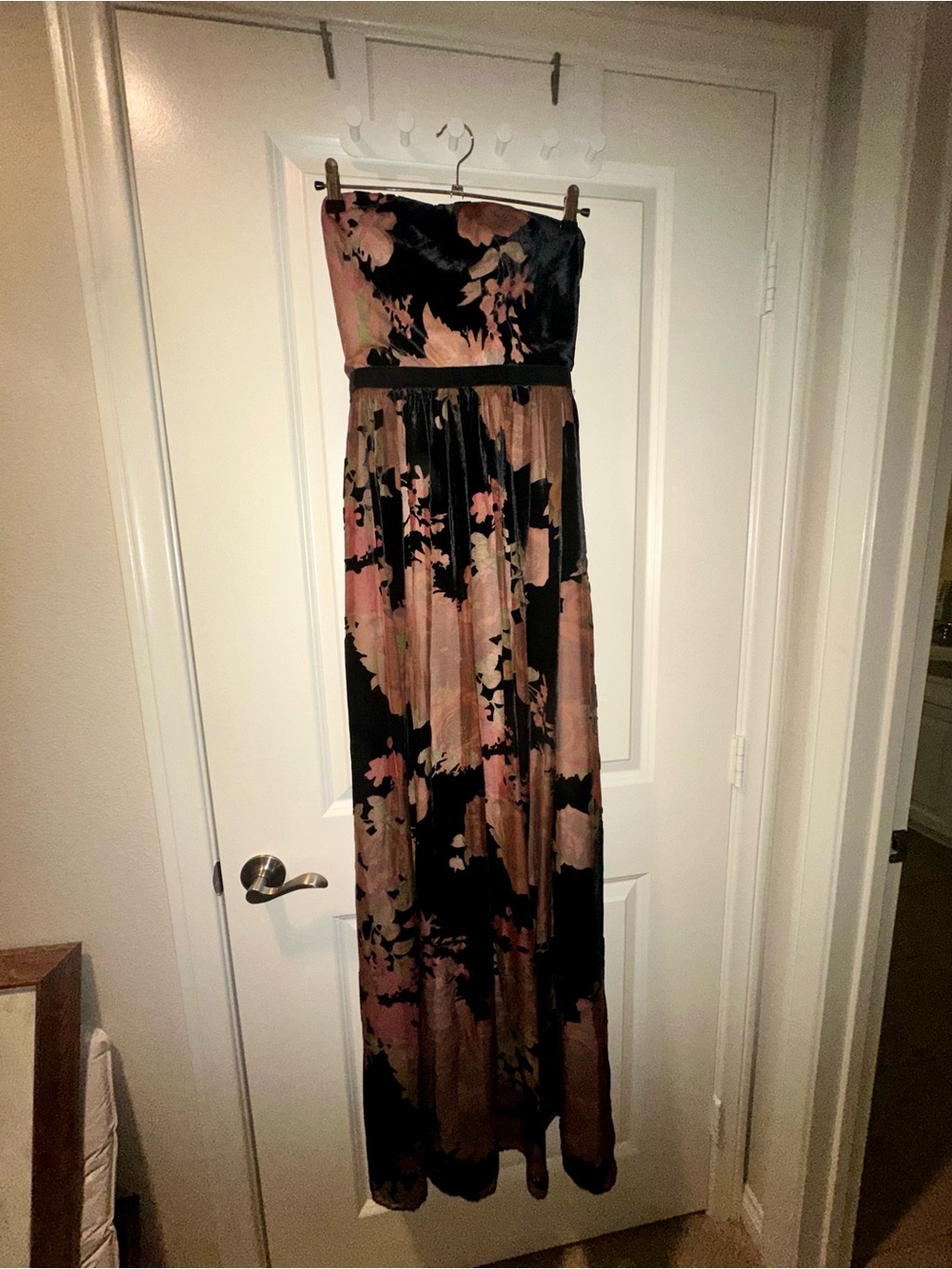 Anthropologie Strapless Black Maxi Dress with Pink and Tan Floral Print